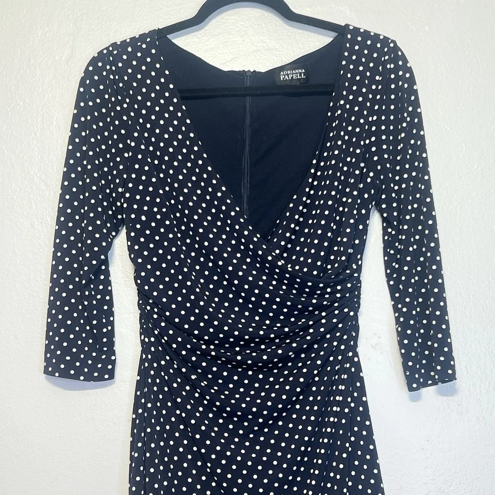 Adrianna Papell Dress Sz 8 Polka Dot‎ Ruched Slimming Blue White Preppy Career